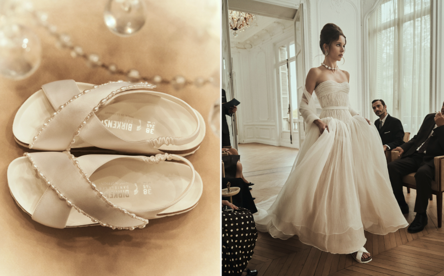 Close-up of white satin Birkenstock x Danielle Frankel Tulum Pearls