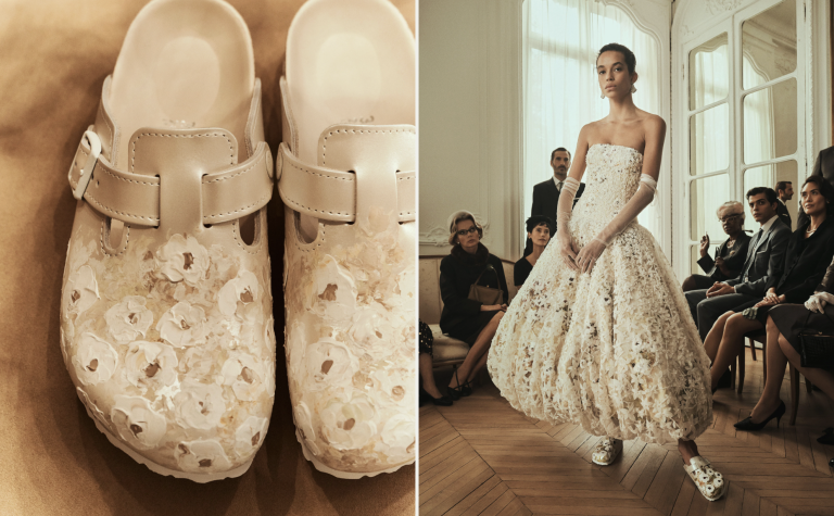 Luxury bridal Birkenstock Boston clogs by Danielle Frankel hand-painted flowers