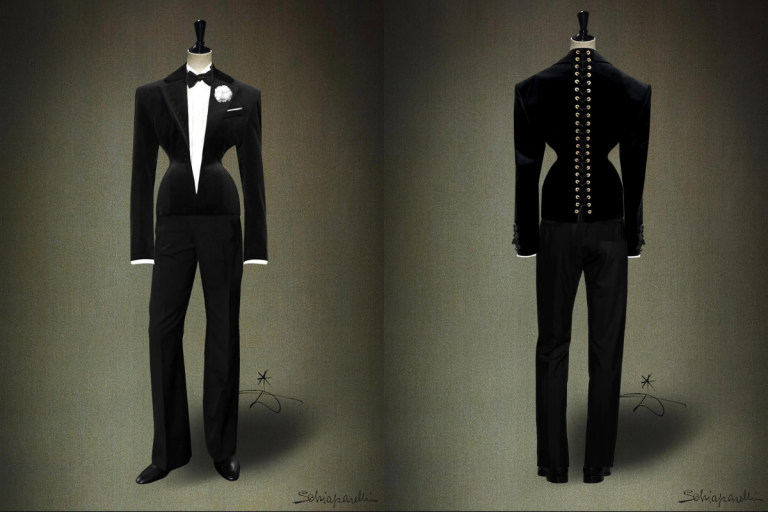 A side-by-side comparison of Bad Bunny’s custom Schiaparelli look.