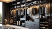 Modern wardrobe with neatly arranged clothing and accessories.