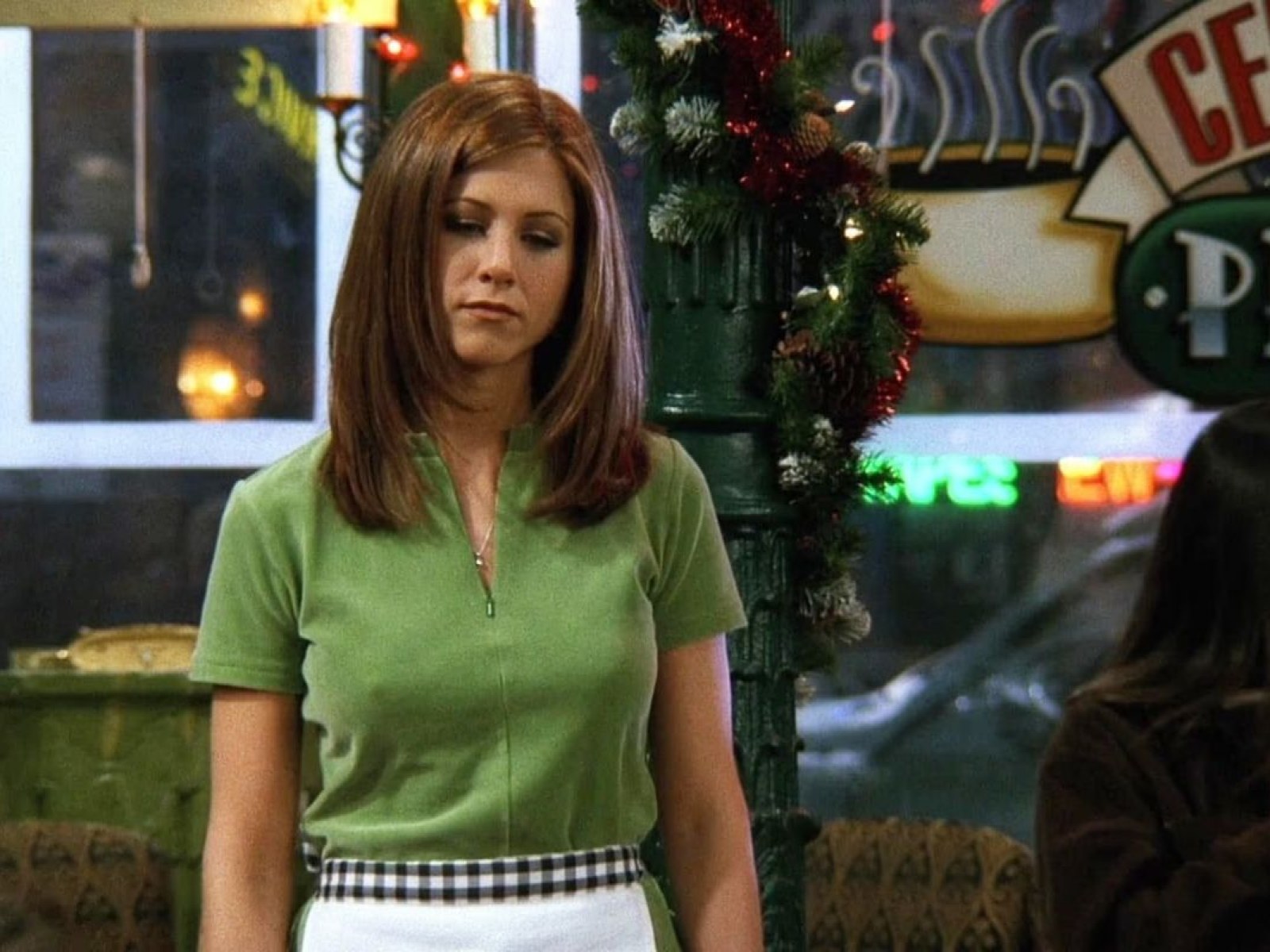 jennifer aniston green dress friends Olive green short silk dress of Rachel Green (Jennifer Aniston) in Friends (S02E22)