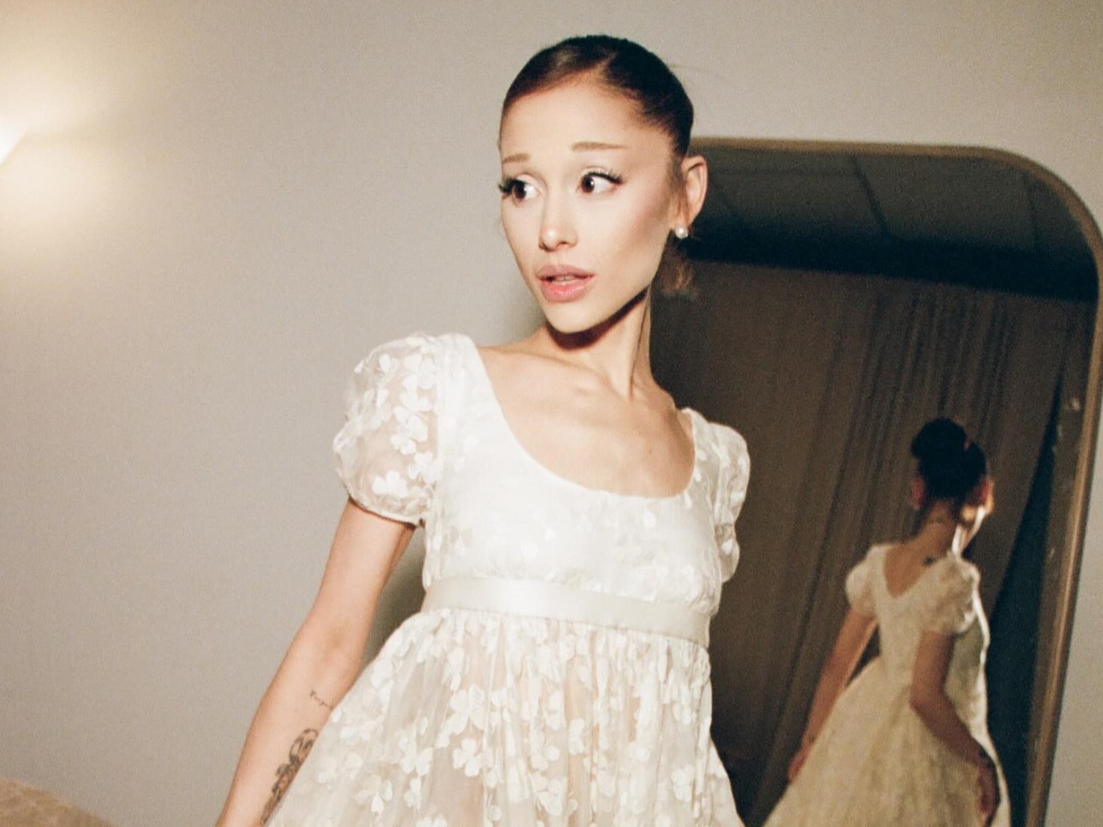 ariana grande lace dress arianagrande wears a Vivienne Westwood Couture corseted gown, in white tulle with delicate floral lace embroidery, to the WSJ Innovator Awards in New York City. The look was paired with a custom