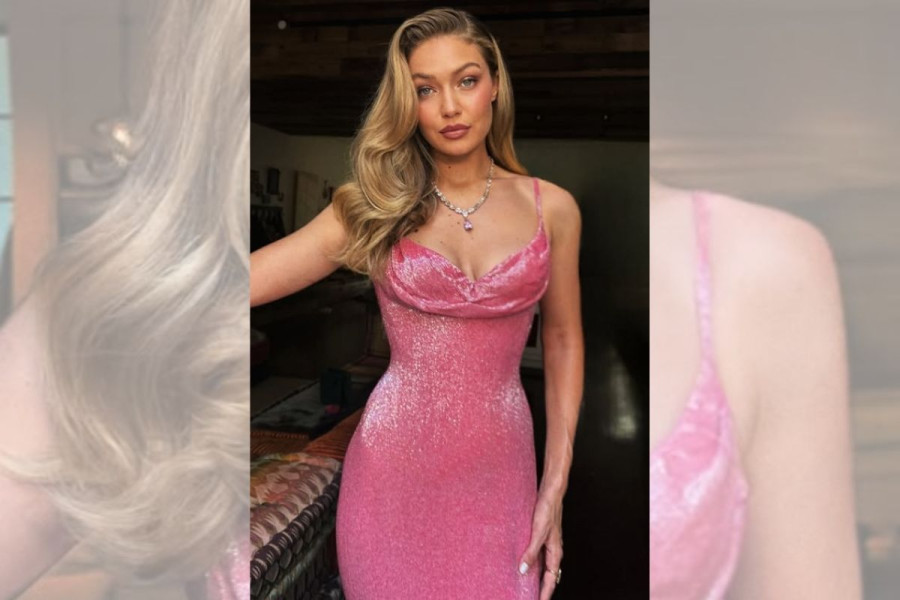 Gigi Hadid in a pink gown for Taylor Swift's wedding