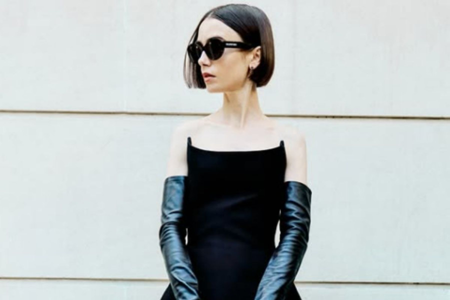 Lily Collins in a Balenciaga ensemble