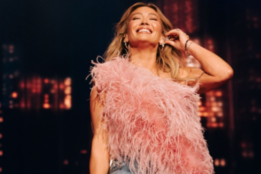 Hilary Duff in a feathered top