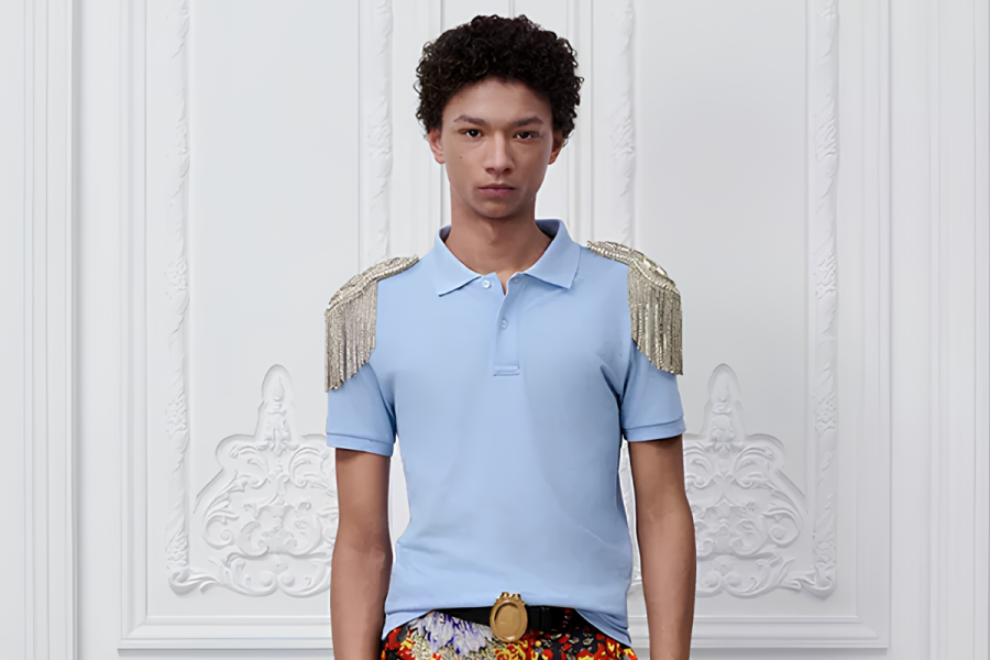 Model wearing Dior’s embellished polo shirts