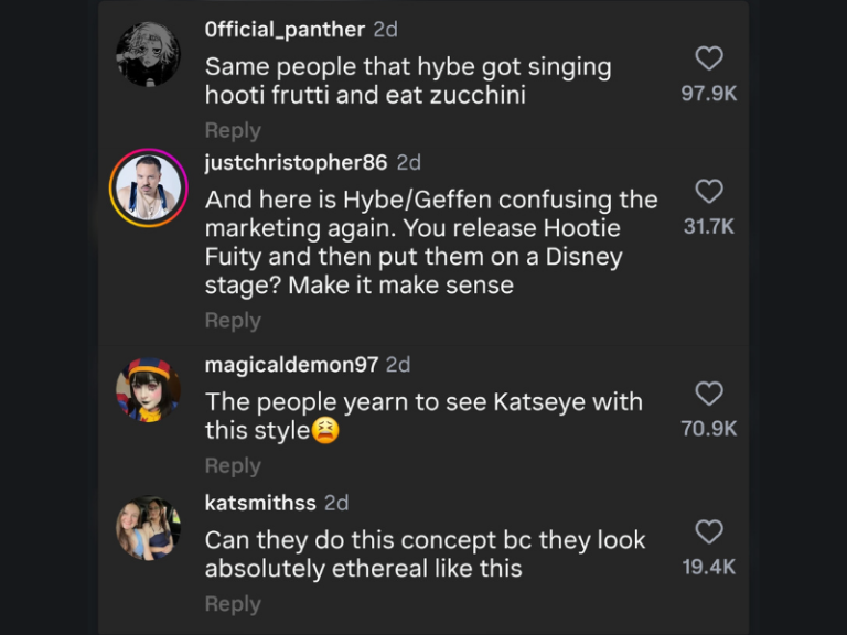Comments under KATSEYE'S D23 Hercules performance