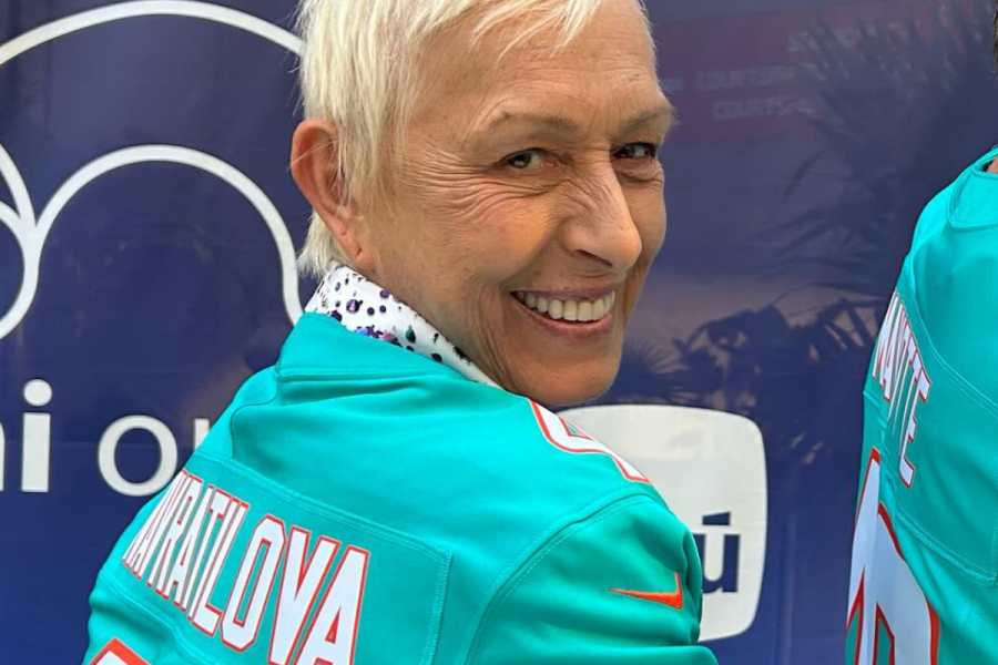 Martina Navratilova smiling in jersey clothes