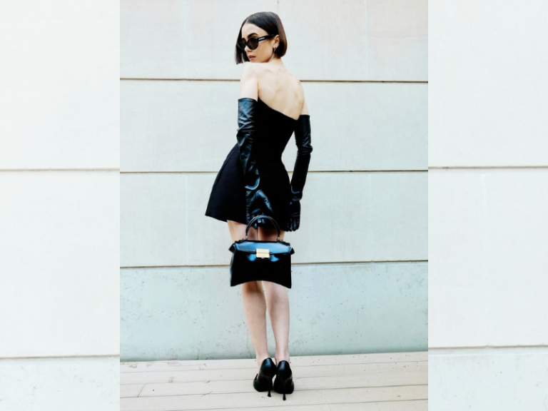 Lily Collins showcases Balenciaga’s Hourglass Avenue bag