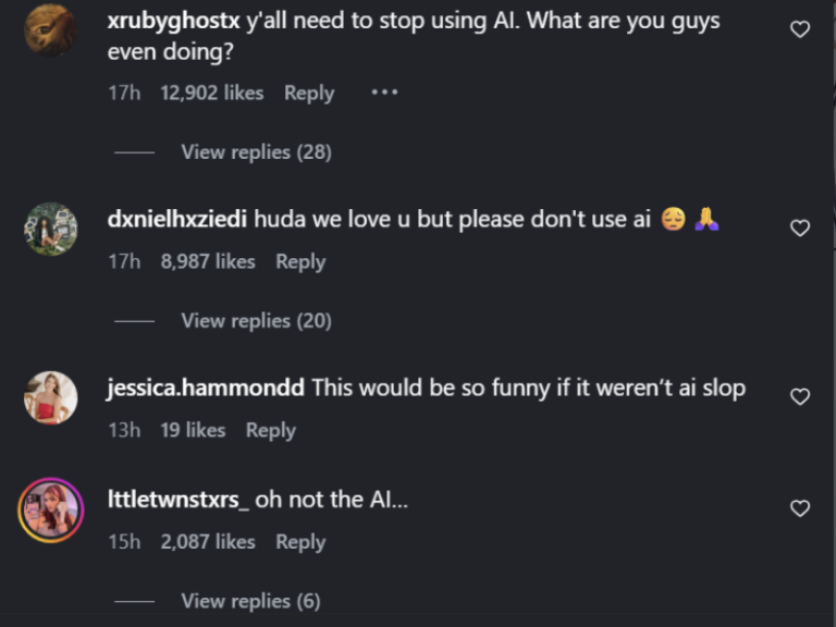 Comments under Huda Beauty's Post